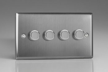 Varilight Classic Brushed Steel 4-Gang 2-Way Push-On/Off Rotary LED Matrix Dimmer 4 x 15-180W (max 20 LEDs) (Twin Plate)