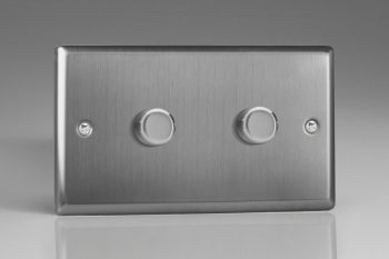 Varilight Classic Brushed Steel 2-Gang 2-Way Push-On/Off Rotary LED Matrix Dimmer 2 x 20-300W (max 36 LEDs) (Twin Plate)