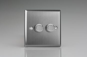 Varilight Classic Brushed Steel 2-Gang 2-Way Push-On/Off Rotary LED Matrix Dimmer 2 x 15-180W (max 20 LEDs)