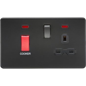 Knightsbridge Screwless Matt Black 45A DP Switch and 13A Switched Socket with Neons (Black Rocker)