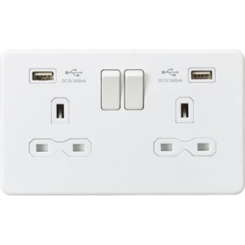 Knightsbridge Screwless Matt White 13A 2G Switched Socket with Dual USB Charger A + A (2.4A)