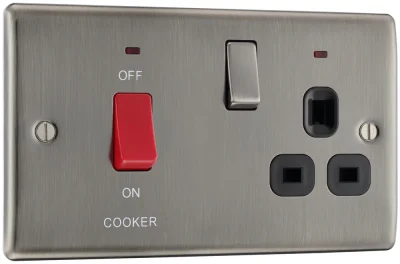 BG Electrical Nexus Metal Double Pole Cooker +Socket+Neon /Black - Brushed Iridium
