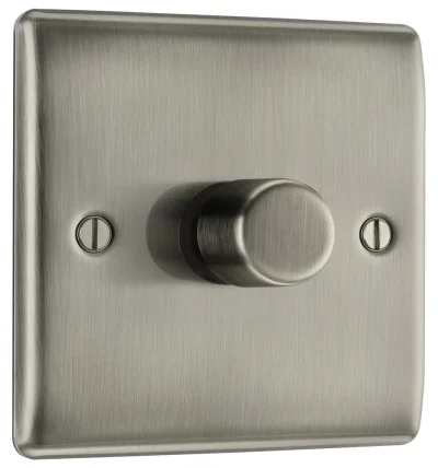 BG Electrical Nexus Metal 2-Way Single Trailing Edge Dimmer Push On/Off - Brushed Iridium