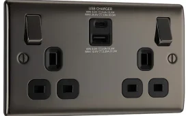 BG Electrical Nexus Metal N Black Nickel 2 Gang Switched Socket 30 Watt USB A & C Charger Black Trim