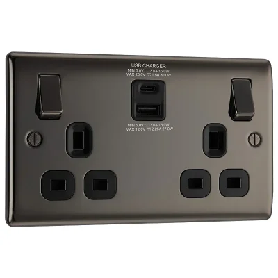 BG Electrical Nexus Metal N Black Nickel 2 Gang Switched Socket 30 Watt USB A & C Charger Black Trim