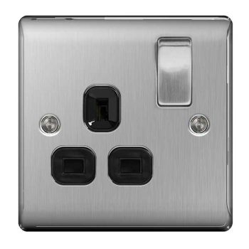 BG Nexus Metal Brushed Steel 1 Gang Single Switched Power Socket with Black Insert