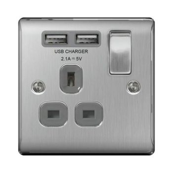 BG Nexus Metal Brushed Steel 1 Gang Single Switched 13A Power Socket with 2x USB Sockets