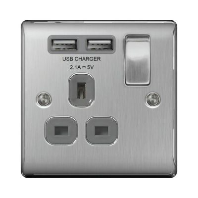 BG Nexus Metal Brushed Steel 1 Gang Single Switched 13A Power Socket with 2x USB Sockets