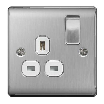 BG Nexus Metal Brushed Steel 1 Gang Single Switched Power Socket with White Insert