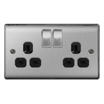 BG Nexus Metal Brushed Steel 2 Gang Double Switched Power Socket with Black Insert