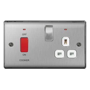 BG Nexus Metal Brushed Steel 45 Amp Cooker Switch with 13 Amp Plug Socket w/ White Insert & Power Indicator