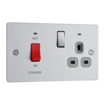 BG Electrical 45A Red Rocker Cooker Switch with 13A Switched Socket with Indicators Flat Plate Brushed Steel Grey