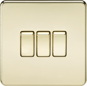 Knightsbridge Screwless Polished Brass 10AX 3 Gang 2-way Switch