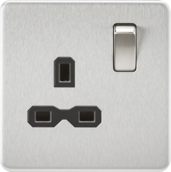 Knightsbridge Screwless Brushed Chrome 13A 1 Gang DP Switched Socket with Black Insert
