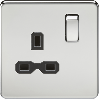 Knightsbridge Screwless Polished Chrome 13A 1 Gang DP Switched Socket (Black Insert)
