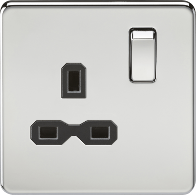 Knightsbridge Screwless Polished Chrome 13A 1 Gang DP Switched Socket (Black Insert)