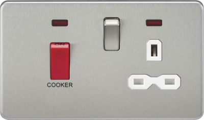 Knightsbridge Screwless Brushed Chrome 45A DP Switch and 13A Switched Socket with Neon