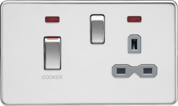 Knightsbridge Screwless Polished Chrome 45A DP Switch & 13A Socket with Neons (Grey Insert)