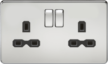 Knightsbridge Screwless Polished Chrome 13A 2 Gang DP Switched Socket with Twin Earths (Black Inserts)