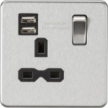 Knightsbridge Screwless Brushed Chrome 13A 1G Switched Socket with Dual USB Charger (2.4A) with Black Insert