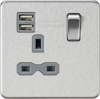 Knightsbridge Screwless Brushed Chrome 13A 1G Switched Socket with Dual USB Charger (2.4A) with Grey Insert