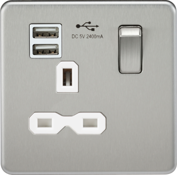 Knightsbridge Screwless Brushed Chrome 13A 1G Switched Socket with Dual USB Charger (2.4A) with White Insert