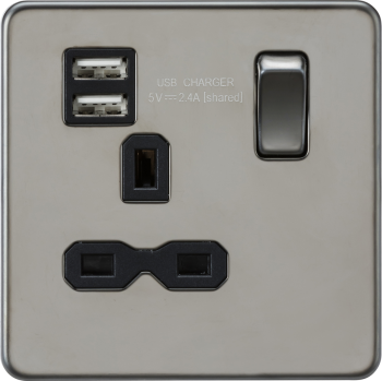 Knightsbridge Screwless Black Nickel 13A 1 Gang Switched Socket with Dual USB Charger (2.4A) with Black Inserts