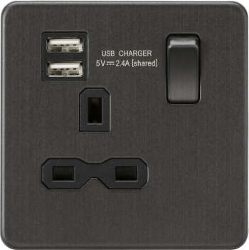 Knightsbridge Screwless Smoked Bronze 13A 1 Gang Switched Socket with Dual USB Charger (2.4A)