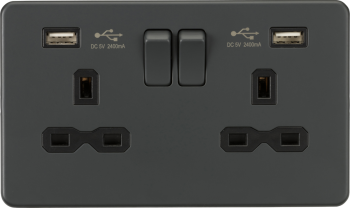 Knightsbridge Screwless Anthracite 13A 2 Gang Switched Socket with Dual USB Charger A + A (2.4A)