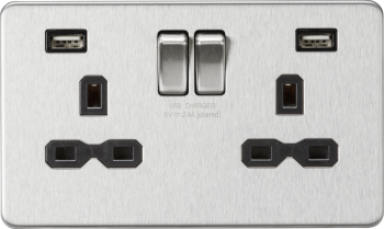 Knightsbridge Screwless Brushed Chrome 13A 2G Switched Socket with Dual USB Charger A + A (2.4A) with Black Insert