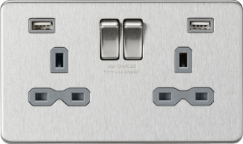 Knightsbridge Screwless Brushed Chrome 13A 2 Gang Switched Socket with Dual USB Charger A + A (2.4A) with Grey Insert