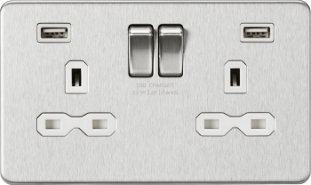 Knightsbridge Screwless Brushed Chrome 13A 2 Gang Switched Socket with Dual USB charger (2.4A) with White Insert