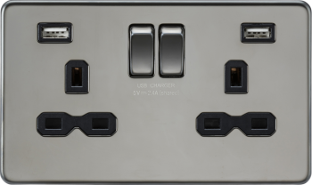 Knightsbridge Screwless Black Nickel 13A 2 Gang Switched Socket with Dual USB Charger A + A (2.4A)