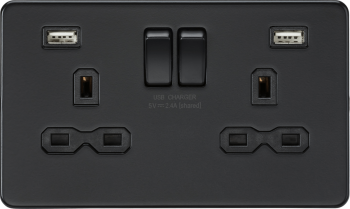 Knightsbridge Screwless Matt Black 13A 2 Gang Switched Socket with Black Inserts and Dual USB Charger A + A (2.4A)