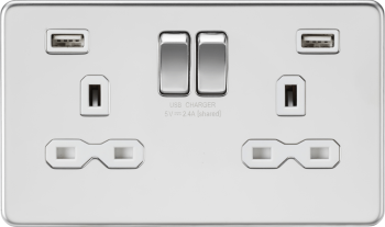 Knightsbridge Screwless Polished Chrome 13A 2G SP Switched Socket with Dual USB A+A (5V DC 2.4A shared) (White Insert)