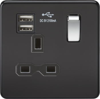 Knightsbridge Screwless Matt Black 13A 1 Gang Switched Socket with Dual USB Charger (2.1A)