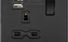 Knightsbridge Screwless Matt Black 13A 1 Gang Switched Socket with Black Inserts and Dual USB Charger (2.4A)