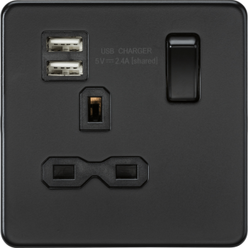Knightsbridge Screwless Matt Black 13A 1 Gang Switched Socket with Black Inserts and Dual USB Charger (2.4A)