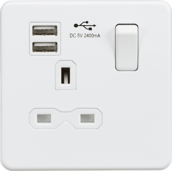 Knightsbridge Screwless Matt White 13A 1 Gang Switched Socket with Dual USB Charger (2.4A)