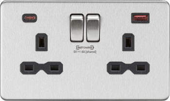 Knightsbridge Screwless Brushed Chrome 13A 2G DP Switched Socket with Dual USB [FASTCHARGE] A+C with Black Insert