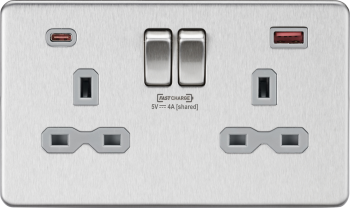 Knightsbridge Screwless Brushed Chrome 13A 2G DP Switched Socket with Dual USB [FASTCHARGE] A+C with Grey Insert
