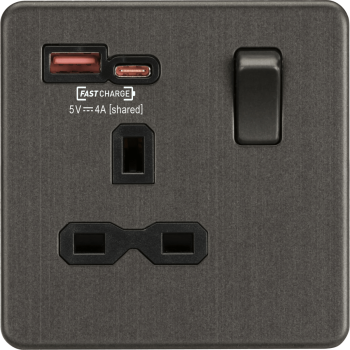 Knightsbridge Screwless Smoked Bronze 13A 1 Gang Switched Socket with Dual USB [FASTCHARGE] A+C