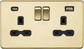Knightsbridge Screwless Polished Brass 13A 2G SP Switched Socket with Dual USB A+C (5V DC 4.0A shared) with Black Insert