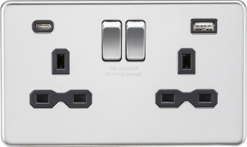 Knightsbridge Screwless Polished Chrome 13A 2 Gang DP Switched Socket with Dual USB A+C (5V DC 4.0A shared) (Black Insert)