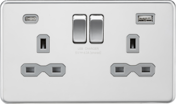 Knightsbridge Screwless Polished Chrome 13A 2G SP Switched Socket with Dual USB A+C (5V DC 4.0A shared) (Grey Insert)