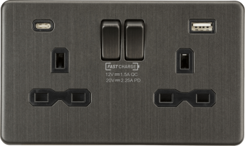 Knightsbridge Screwless Smoked Bronze 13A 2 Gang DP Switched Socket with Dual USB A+C 20V DC 2.25A (Max. 45W)