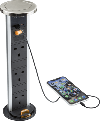 IP54 3G pop-up socket with dual USB charger A+C (FASTCHARGE) - Brushed chrome Cap