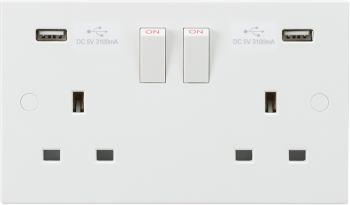 Knightsbridge White Square Edge 13A 2 Gang Switched Socket with Dual USB Charger 5V DC 3.1A