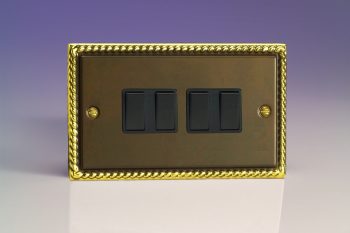 Varilight Classic Antique Brass 4-Gang 10A 1- or 2-Way Rocker Switch (Twin Plate)