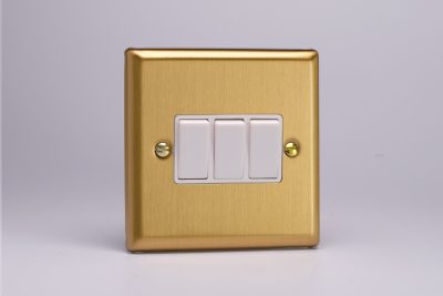 Varilight Classic Brushed Brass 3-Gang 10A 1- or 2-Way Rocker Switch